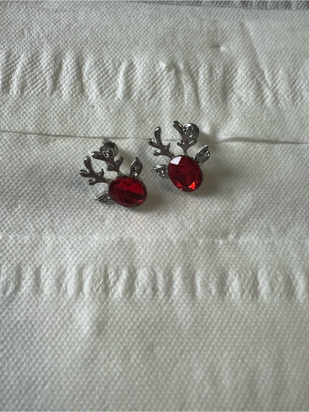 Silver Reindeer Stud Earrings with Red Gemstones